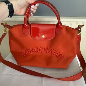Longchamp Modele Depose Medium Nylon Red Embroidered Tote Hand Bag Crossbody